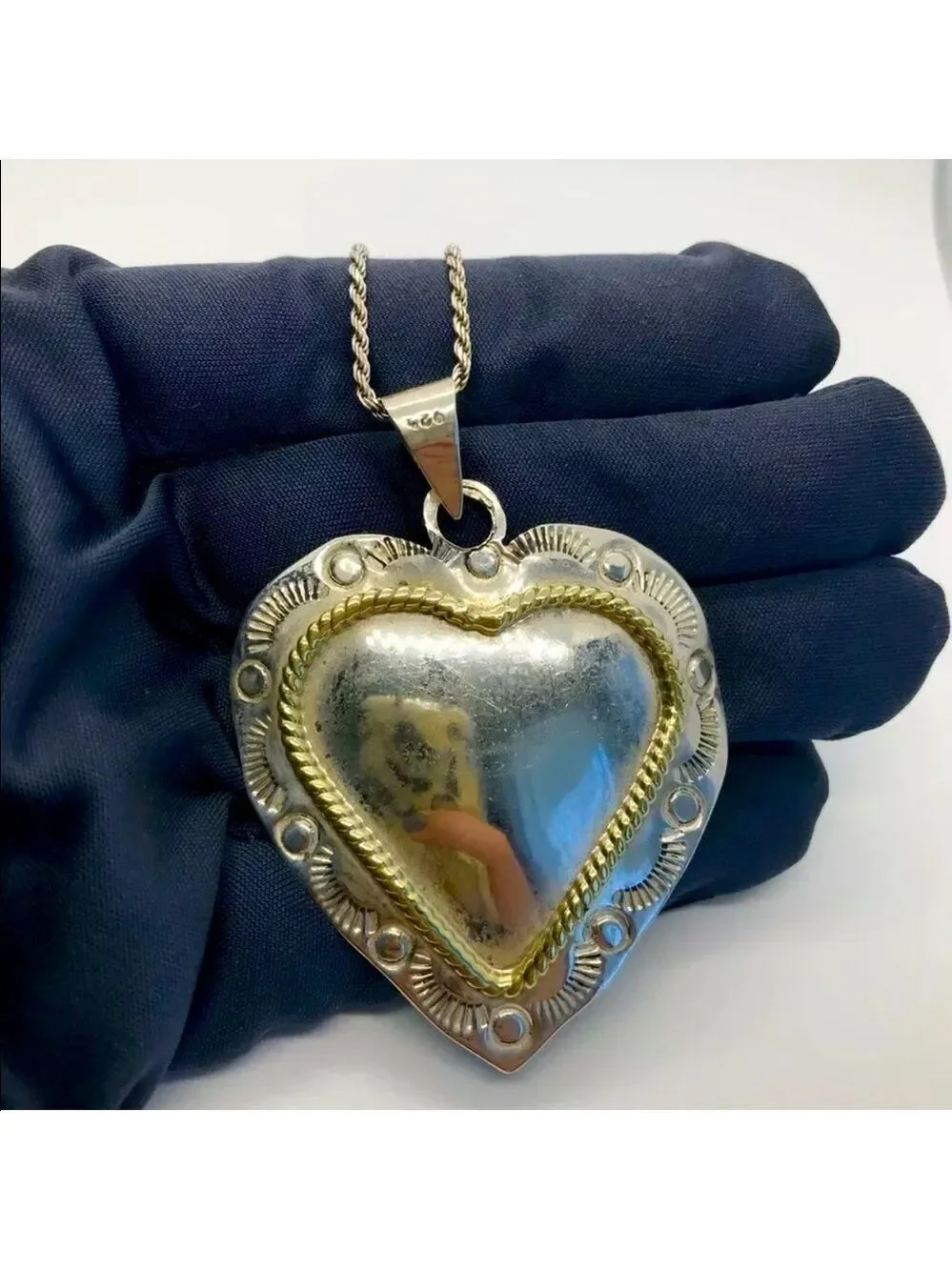 MEXICO STERLING SILVER VINTAGE HEART PENDANT BRASS WIRE DESIGN ON CHAIN …
